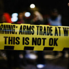 Detail of a banner held by anti-arms trade activists during a demonstration outside the annual black-tie dinner of the Aerospace, Defence and Security Group at the Grosvenor House Hotel on Park Lane in London, England, on January 22, 2020. The ADS Group, a London-headquartered non-profit trade organisation, represents and supports more than 1,000 British businesses involved in the aerospace, defence, security and space sectors. The protest was called by the Campaign Against Arms Trade (CAAT) and Stop The Arms Fair pressure groups, citing in particular sales of UK-made weapons and ammunition to Saudi Arabia, which continues to strike Houthi rebels in Yemen in a five-year war that has killed over 100,000 people and left millions more suffering. (Photo by David Cliff/NurPhoto via Getty Images)