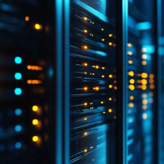 Server room: a close-up of server racks with glowing orange and blue LED lights displaying data traffic and network activity.